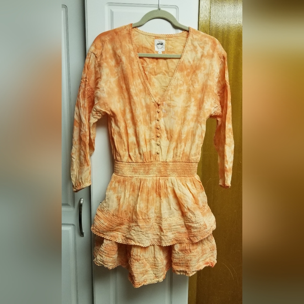 👙Aerie tie dye tier mini dress w faux front buttons, elastic/lattice detail